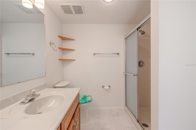 12220 Twin Branch Acres Rd, Tampa, FL 33626 - bathroom featuring toilet, vanity, a stall shower, marble look tiles, and a textured ceiling