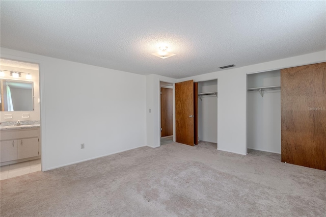 12220 Twin Branch Acres Rd, Tampa, FL 33626 - unfurnished bedroom featuring multiple closets, light colored carpet, a sink, ensuite bathroom, and a textured ceiling