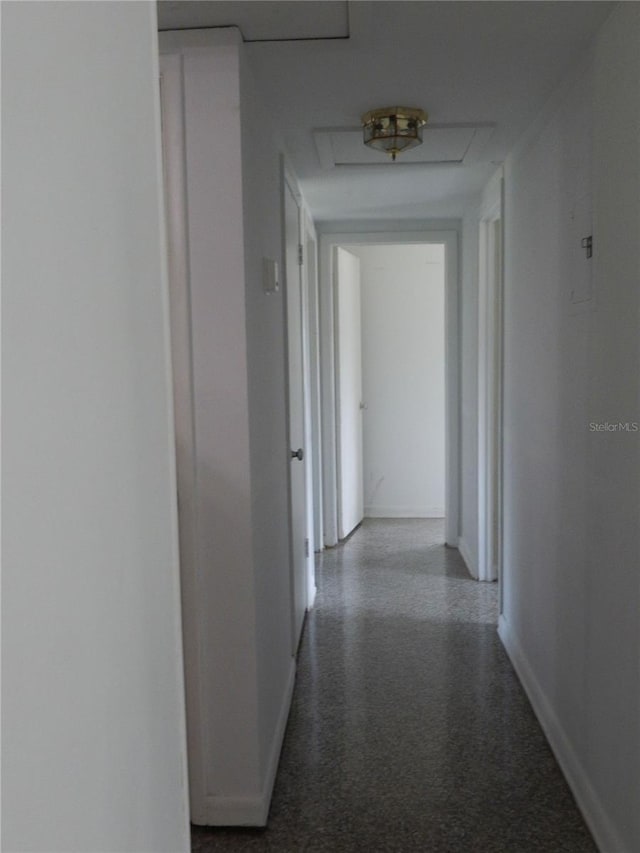 10308 Fore Dr, Tampa, FL 33612 - hall featuring baseboards, attic access, and speckle patterned floor