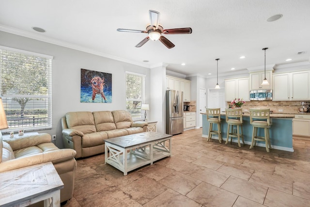 5401 Match Point Pl, Lithia, FL 33547 - living area featuring a ceiling fan, healthy amount of natural light, ornamental molding, and recessed lighting