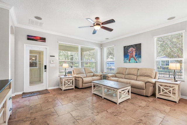 5401 Match Point Pl, Lithia, FL 33547 - living room with ornamental molding, baseboards, ceiling fan, and light stone finish flooring