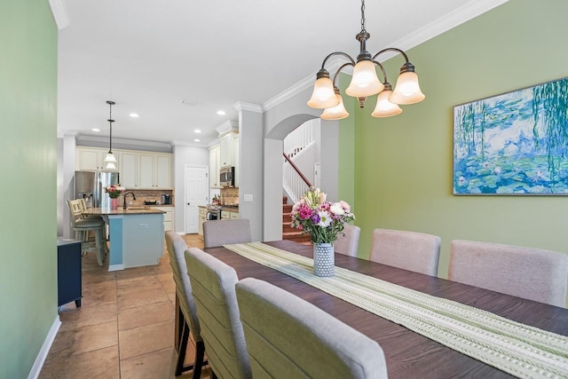 5401 Match Point Pl, Lithia, FL 33547 - dining room with a chandelier, ornamental molding, stairway, recessed lighting, and baseboards