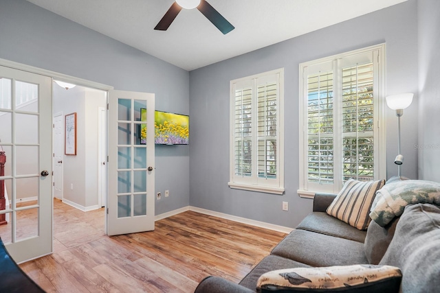 5401 Match Point Pl, Lithia, FL 33547 - living area with french doors, a ceiling fan, wood finished floors, and healthy amount of natural light