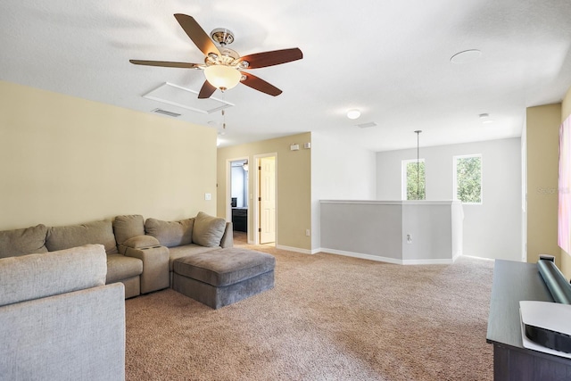 5401 Match Point Pl, Lithia, FL 33547 - living room featuring a ceiling fan, light colored carpet, and baseboards