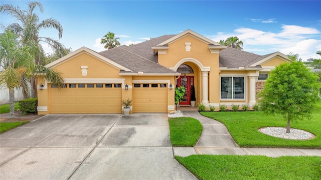 1443 Obear Ct, Wesley Chapel, FL 33543 - traditional home with stucco siding, a garage, concrete driveway, and a front yard