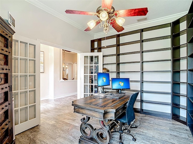 1443 Obear Ct, Wesley Chapel, FL 33543 - home office with wood finished floors, ornamental molding, a ceiling fan, baseboards, and french doors