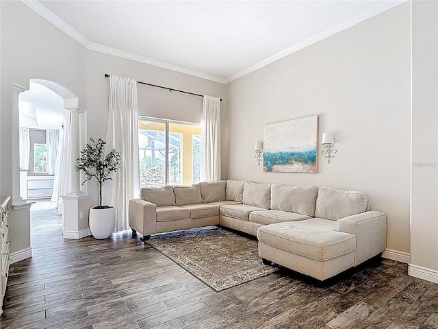 1443 Obear Ct, Wesley Chapel, FL 33543 - living area featuring arched walkways, crown molding, dark wood-style flooring, ornate columns, and baseboards