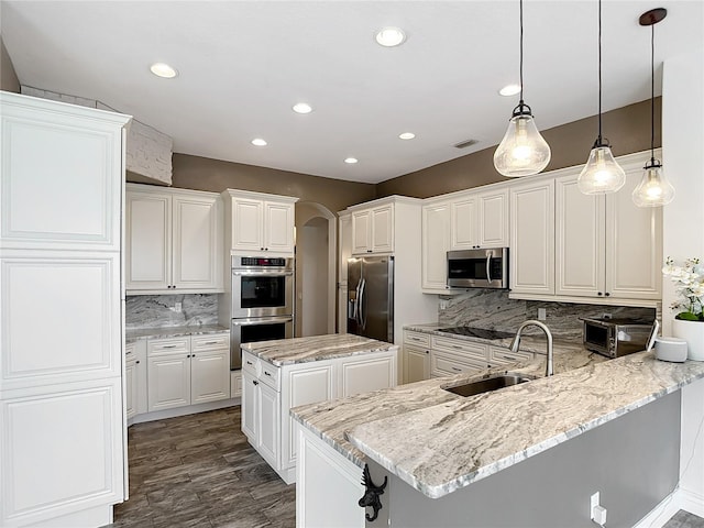 1443 Obear Ct, Wesley Chapel, FL 33543 - kitchen with stainless steel appliances, a sink, arched walkways, backsplash, and a peninsula