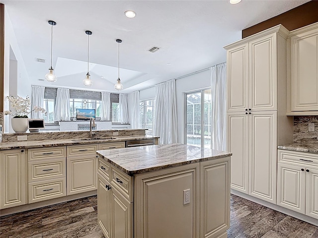 1443 Obear Ct, Wesley Chapel, FL 33543 - kitchen with a sink, a kitchen island, dark wood-style floors, a tray ceiling, and backsplash