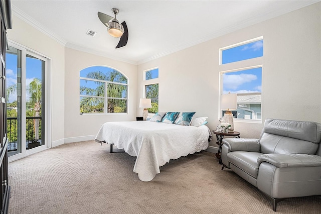 4353 Dewey Dr, New Port Richey, FL 34652 - carpeted bedroom with ornamental molding, baseboards, access to exterior, and ceiling fan
