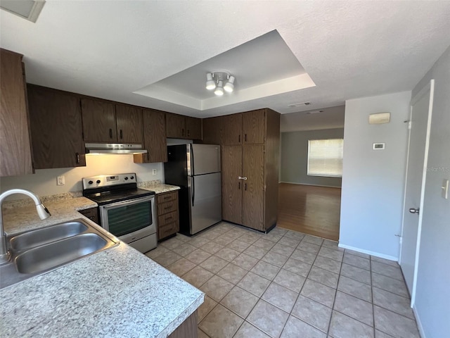 14667 Pine Glen Crk Unit 14667, Lutz, FL 33559 - kitchen with appliances with stainless steel finishes, under cabinet range hood, a sink, light countertops, and a tray ceiling