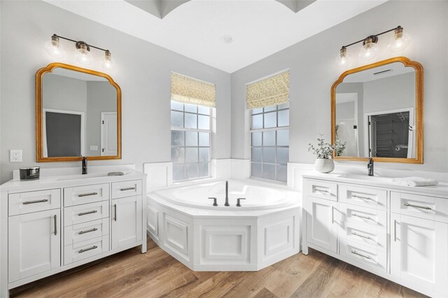 5225 Brighton Shore Dr, Apollo Beach, FL 33572 - full bath featuring two vanities, a bath, and wood finished floors