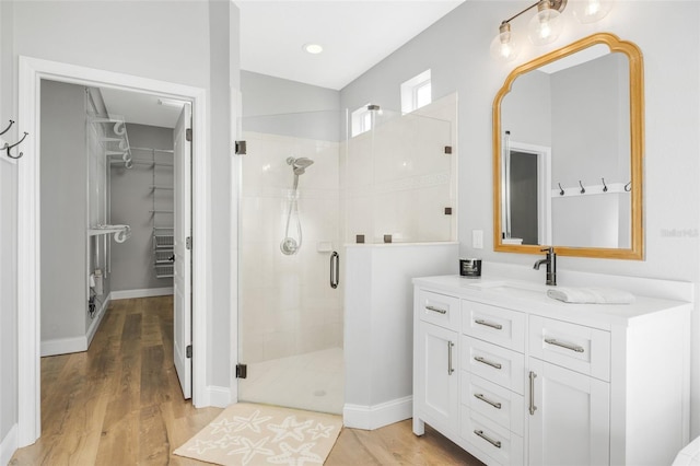 5225 Brighton Shore Dr, Apollo Beach, FL 33572 - bathroom featuring a shower stall, a spacious closet, vanity, wood finished floors, and baseboards