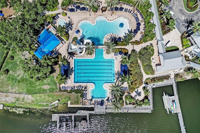5225 Brighton Shore Dr, Apollo Beach, FL 33572 - drone / aerial view of a pool area and a large body of water