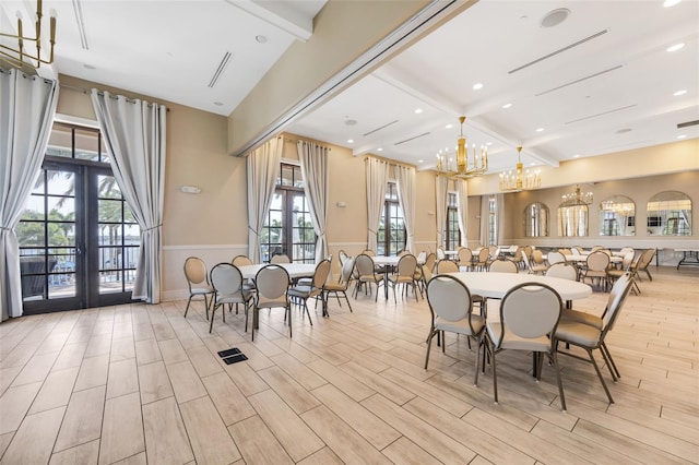 5225 Brighton Shore Dr, Apollo Beach, FL 33572 - dining area featuring beam ceiling, recessed lighting, a chandelier, french doors, and baseboards