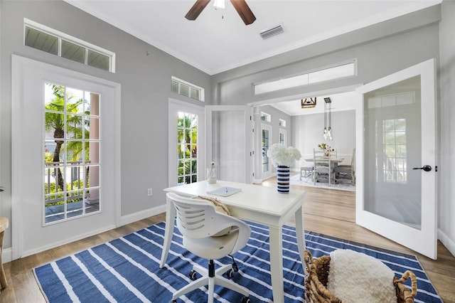 5225 Brighton Shore Dr, Apollo Beach, FL 33572 - office area with ornamental molding, wood finished floors, ceiling fan, and baseboards