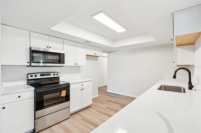 315 Dorchester Dr, Venice, FL 34293 - kitchen with stainless steel appliances, a sink, a tray ceiling, light wood finished floors, and light stone countertops