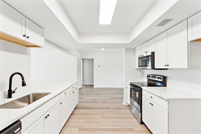 315 Dorchester Dr, Venice, FL 34293 - kitchen featuring stainless steel appliances, a sink, a tray ceiling, and light countertops