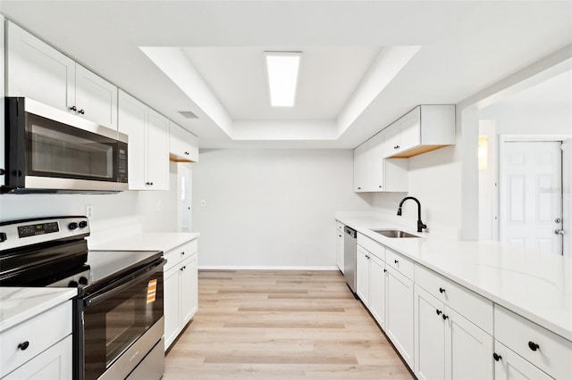 315 Dorchester Dr, Venice, FL 34293 - kitchen with appliances with stainless steel finishes, a sink, a raised ceiling, and white cabinets