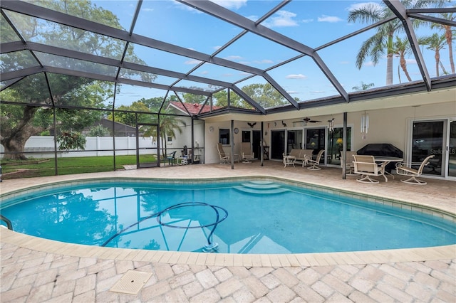 9674 104th Ave, Largo, FL 33773 - view of pool featuring a patio area, a ceiling fan, a grill, and glass enclosure