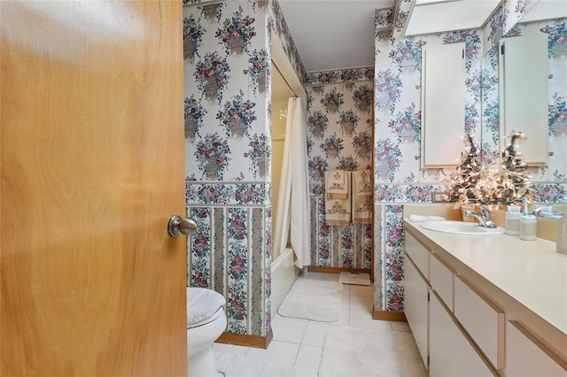 14168 Fennsbury Dr, Tampa, FL 33624 - bathroom featuring vanity, tile patterned floors, wallpapered walls, toilet, and shower / tub combo