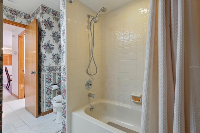 14168 Fennsbury Dr, Tampa, FL 33624 - full bathroom with shower / bath combo, toilet, tile patterned floors, and wallpapered walls