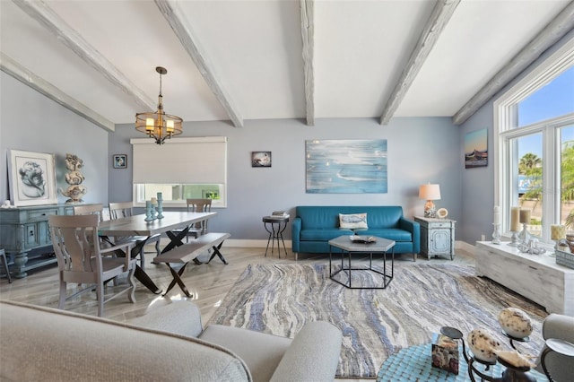 931 Gulf Blvd, Belleair Beach, FL 33786 - living room with baseboards, beamed ceiling, and wood finished floors