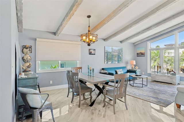 931 Gulf Blvd, Belleair Beach, FL 33786 - dining space featuring a chandelier, beam ceiling, and baseboards