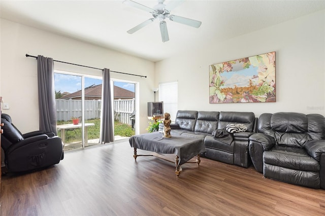 7603 Wood Violet Dr, Gibsonton, FL 33534 - living room with wood finished floors and a ceiling fan