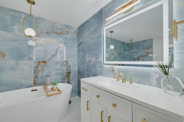 11296 115th St, Largo, FL 33778 - full bathroom with tile walls, a freestanding bath, vanity, and marble finish flooring