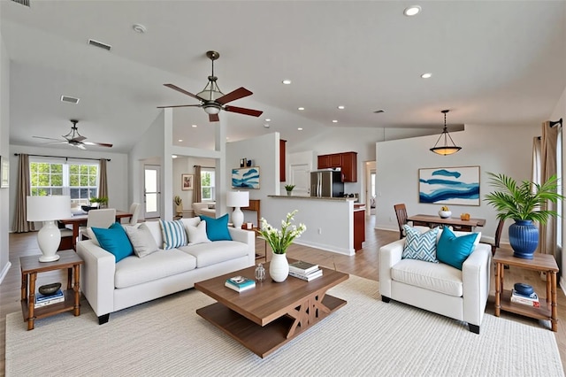6425 Clair Shore Dr, Apollo Beach, FL 33572 - living area featuring a ceiling fan, vaulted ceiling, recessed lighting, and baseboards