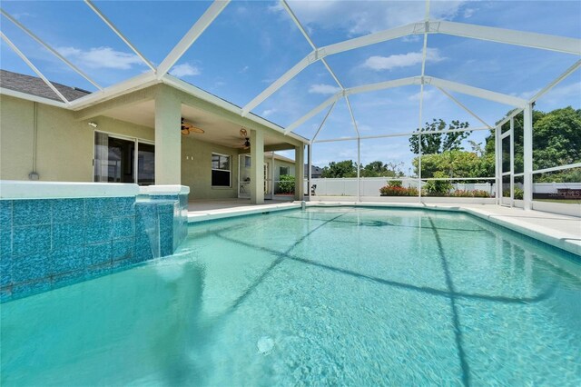 6425 Clair Shore Dr, Apollo Beach, FL 33572 - view of swimming pool with a patio, ceiling fan, and glass enclosure
