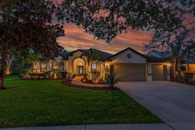 15934 Sorawater Dr, Lithia, FL 33547 - single story home with a garage, driveway, a lawn, and stucco siding