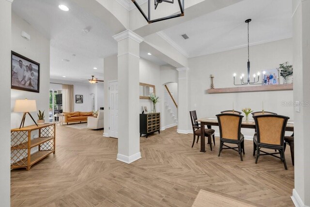 15934 Sorawater Dr, Lithia, FL 33547 - dining space with decorative columns, stairs, recessed lighting, baseboards, and ceiling fan