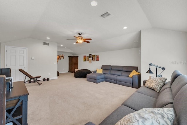 15934 Sorawater Dr, Lithia, FL 33547 - living area featuring lofted ceiling, light carpet, a ceiling fan, and recessed lighting