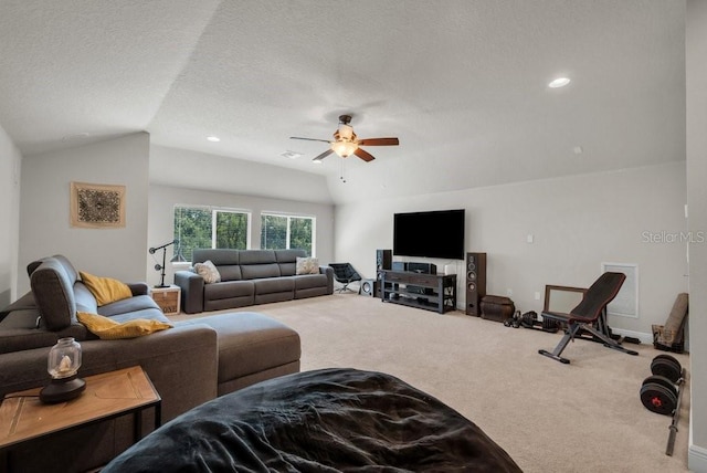 15934 Sorawater Dr, Lithia, FL 33547 - living area featuring carpet floors, vaulted ceiling, a ceiling fan, and recessed lighting