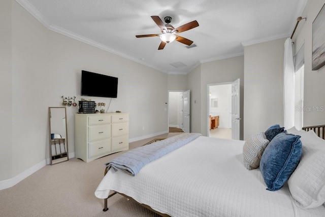 15934 Sorawater Dr, Lithia, FL 33547 - bedroom featuring ornamental molding, light colored carpet, a ceiling fan, and ensuite bathroom