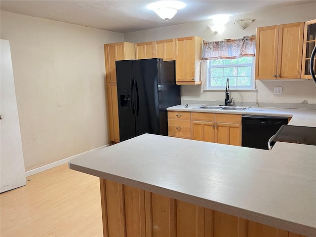 403 E Carolina Ave, Plant City, FL 33563 - kitchen featuring black appliances, a sink, light brown cabinets, light wood-style flooring, and light countertops