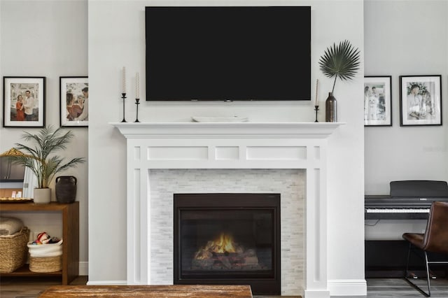 5314 Alafia Falls Dr, Lithia, FL 33547 - detailed view of a glass covered fireplace, wood finished floors, and baseboards