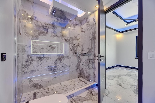 6522 Simone Shores Cir, Apollo Beach, FL 33572 - full bathroom featuring marble tiled floors, a skylight, a marble finish shower, and toilet