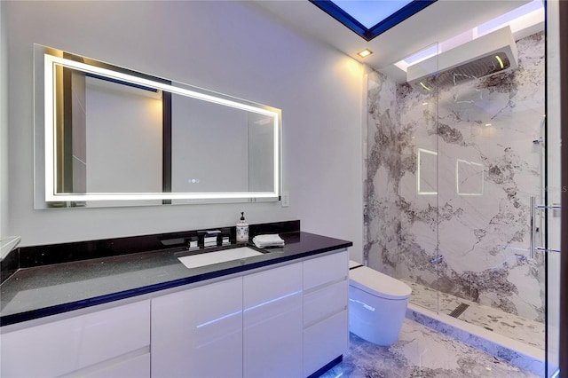 6522 Simone Shores Cir, Apollo Beach, FL 33572 - bathroom with marble finish floors, a marble finish shower, toilet, and vanity