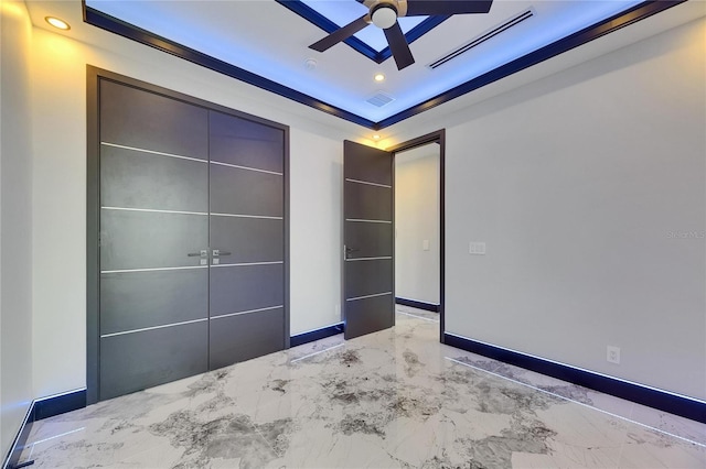 6522 Simone Shores Cir, Apollo Beach, FL 33572 - unfurnished bedroom featuring marble tiled flooring, recessed lighting, baseboards, a closet, and a ceiling fan