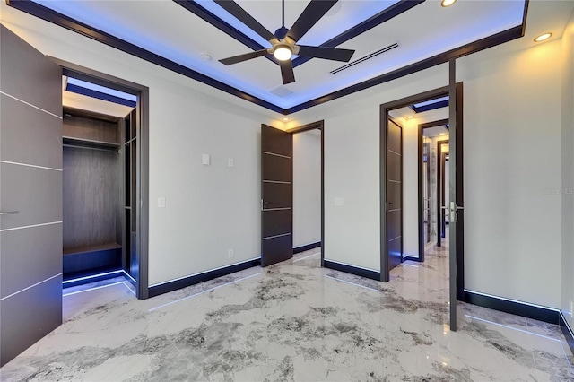 6522 Simone Shores Cir, Apollo Beach, FL 33572 - unfurnished bedroom featuring baseboards, marble tiled flooring, recessed lighting, a closet, and ceiling fan