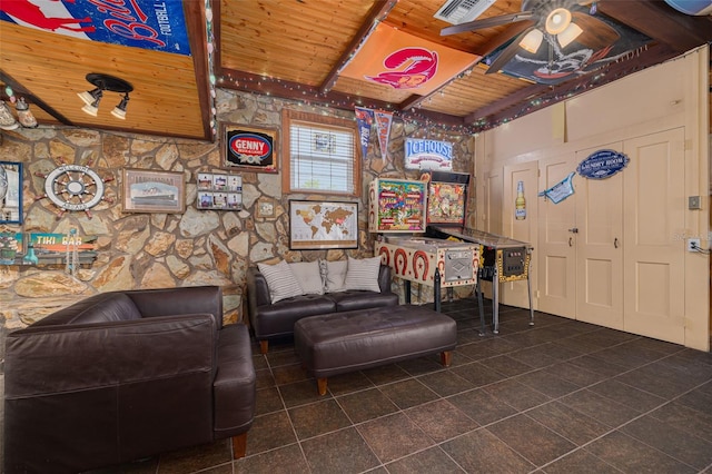 6114 7th Ave S, Gulfport, FL 33707 - game room with wood ceiling, a ceiling fan, and tile patterned flooring