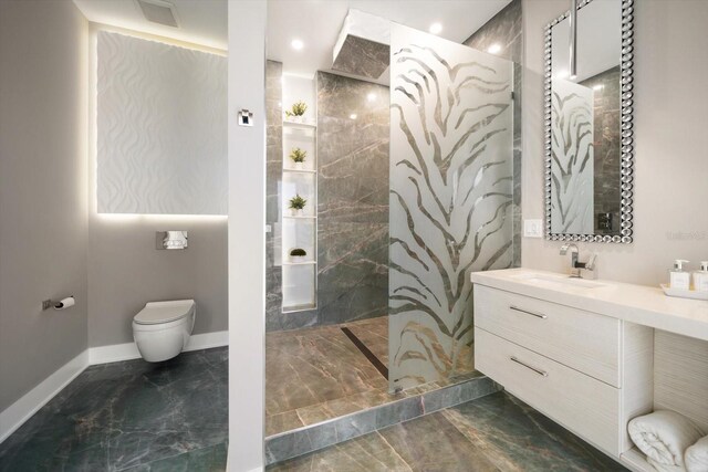 16047 Redington Dr, Redington Beach, FL 33708 - bathroom with marble tiled flooring, vanity, a marble finish shower, toilet, and baseboards
