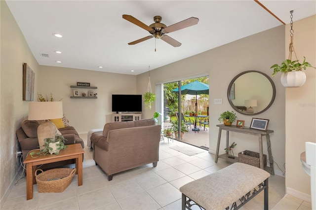 9465 126th Ave, Largo, FL 33773 - living room featuring ceiling fan, light tile patterned floors, recessed lighting, and baseboards