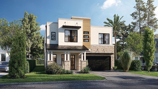 3919 W Leona St, Tampa, FL 33629 - contemporary home featuring an attached garage, stone siding, asphalt driveway, a front yard, and a porch