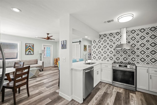 2479 Trade Winds Dr, Dunedin, FL 34698 - kitchen with appliances with stainless steel finishes, a sink, a barn door, wall chimney exhaust hood, and ceiling fan