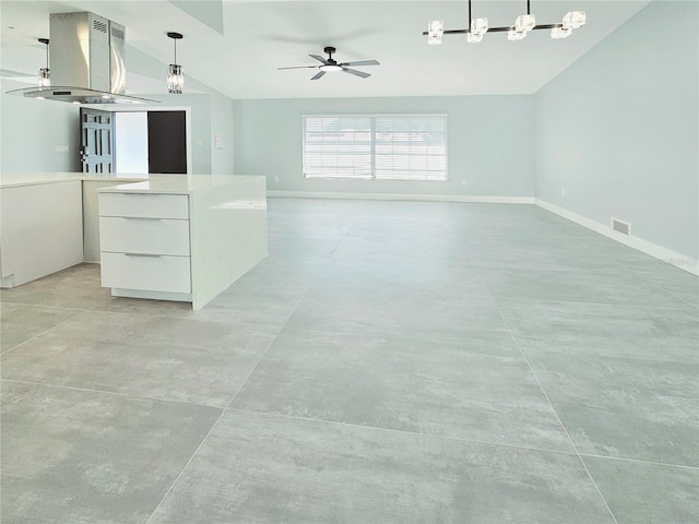 1178 Sultana St, Port Charlotte, FL 33952 - unfurnished living room with baseboards, ceiling fan, concrete flooring, and vaulted ceiling