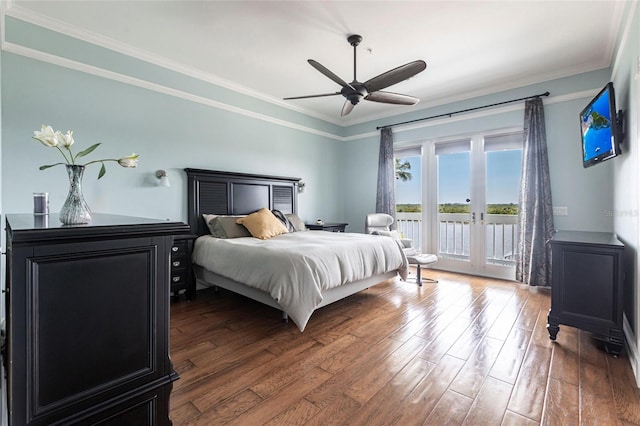 24197 Treasure Island Blvd, Punta Gorda, FL 33955 - bedroom with access to exterior, wood-type flooring, french doors, ornamental molding, and a ceiling fan